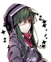 Rule 34 | 1girl, clothes writing, eyelashes, frown, glasses, green eyes, green hair, hood, hoodie, kagerou project, kido tsubomi, matching hair/eyes, solo, white background, wonoco0916