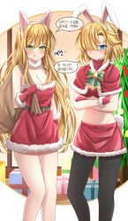 Rule 34 | 2girls, animal ears, bag, blonde hair, blue eyes, blush, breasts, cat ears, christmas, cleavage, crossed arms, dress, fake animal ears, future knight, future princess, green eyes, guardian tales, hair over one eye, hairband, holding, holding bag, korean text, long hair, looking at viewer, medium breasts, medium hair, multiple girls, navel, pikandong, rabbit ears, red dress, speech bubble, standing, tongue, tongue out