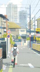 Rule 34 | 1girl, backpack, bag, bicycle, black hair, blue hat, blue sky, cityscape, cloud, commentary, dated commentary, day, english commentary, from behind, full body, grey bag, hat, hayashi naoyuki, highres, house, original, outdoors, pants, people, power lines, red footwear, riding, riding bicycle, road, road sign, shirt, shoes, short hair, short sleeves, sign, sky, sneakers, solo, t-shirt, white pants, white shirt, white sleeves