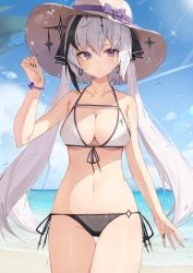 Rule 34 | 1girl, :o, beach, bikini, black hair, black nails, blush, bow, breasts, chest strap, cleavage, cloud, collarbone, earrings, front-tie top, gem, hair bow, halterneck, hat, hat bow, highres, indie virtual youtuber, jewelry, kamikurai leto, large breasts, long hair, looking at viewer, mole, mole under eye, multicolored hair, nail polish, navel, ocean, panties, purple eyes, purple gemstone, second-party source, side-tie bikini bottom, side-tie panties, sky, streaked hair, string bikini, sun hat, swimsuit, taht (that is mm), thigh gap, twintails, underwear, virtual youtuber, water drop, wet, white hair