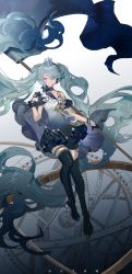 Rule 34 | 1girl, absurdly long hair, absurdres, armillary sphere, black footwear, black gloves, black skirt, blue eyes, blue hair, boots, closed mouth, flag, floating hair, full body, gloves, hair between eyes, hair ornament, half gloves, hatsune miku, headset, highres, holding, holding flag, knee boots, light smile, long hair, looking at viewer, polaris miku, ribbon, shirt, sixii, skirt, solo, star (symbol), star hair ornament, twintails, very long hair, vocaloid, white shirt, wrist cuffs, yellow ribbon