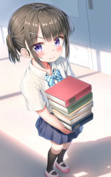 Rule 34 | 1girl, absurdres, black socks, blue bow, blue bowtie, blue skirt, blush, book, book stack, bow, bowtie, carrying, closed mouth, collared shirt, commentary request, diagonal-striped bow, diagonal-striped bowtie, diagonal-striped clothes, diagonal-striped neckwear, flying sweatdrops, hair ornament, hairclip, highres, holding, holding book, indoors, kneehighs, nedia (nedia region), original, pleated skirt, purple eyes, shadow, shirt, shoes, short sleeves, short twintails, sidelocks, skirt, sliding doors, socks, solo, standing, striped bow, striped bowtie, striped clothes, striped neckwear, sweat, twintails, uwabaki, white footwear, white shirt