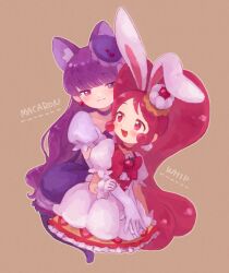 Rule 34 | 2girls, :3, animal ears, arisugawa himari, blush, bow, cake hair ornament, cat ears, cat tail, choker, closed mouth, cure macaron, cure whip, dress, earrings, elbow gloves, extra ears, food-themed hair ornament, gloves, hair ornament, hug, hug from behind, jewelry, kirakira precure a la mode, koteko (chop of toilet), long hair, looking at another, macaron hair ornament, magical girl, multiple girls, open mouth, pink eyes, pink hair, pom pom (clothes), pom pom earrings, precure, puffy sleeves, purple choker, purple eyes, purple hair, purple tail, rabbit ears, simple background, smile, tail, usami ichika, very long hair, white gloves