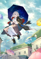 Rule 34 | 1girl, :d, absurdres, ahoge, ankle boots, azuuru, black cloak, blue eyes, boots, bubble, cloak, collared shirt, cover, cover image, day, double exposure, elaina (majo no tabitabi), flying, frilled shirt, frills, full body, grey hair, hair between eyes, high heel boots, high heels, highres, holding, holding umbrella, hood, hooded cloak, long hair, majo no tabitabi, novel illustration, official art, open mouth, outdoors, shirt, sidelocks, smile, starry sky print, textless version, thighhighs, umbrella, white shirt, white thighhighs, witch