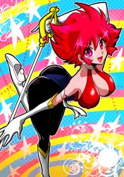 Rule 34 | 00s, 1girl, arched back, arm behind head, ass, bad id, bad pixiv id, black pantyhose, boots, breasts, choker, cleavage, covered erect nipples, cutie honey, cutie honey (character), earrings, gloves, halterneck, halterneck, heart, high heel boots, high heels, jewelry, kisaragi honey, knee boots, large breasts, leotard, magical girl, marimo (yousei ranbu), multicolored background, open mouth, pantyhose, pink eyes, rapier, re: cutie honey, red hair, short hair, sideboob, smile, solo, standing, standing on one leg, sword, weapon, white footwear, white gloves, white heels