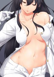 Rule 34 | 1girl, bad id, bad twitter id, black hair, breasts, brown eyes, cleavage, collarbone, epaulettes, female admiral (kancolle), gloves, grey background, hair between eyes, highres, jacket, kantai collection, large breasts, long hair, long sleeves, navel, niwatazumi, no bra, no shirt, open clothes, open fly, open jacket, open pants, pants, parted lips, solo, tatebayashi sakurako, upper body, white gloves, white jacket, white pants