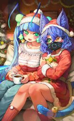 Rule 34 | 2girls, absurdres, animal ears, antenna hair, blue hair, blue lips, blunt bangs, blush, breasts, brown eyes, cat ears, cat girl, cat tail, christmas sweater, coffee mug, collarbone, commission, cup, green eyes, green nails, heterochromia, highres, hot chocolate, indoors, large breasts, long hair, looking at another, mask, melaton, mouth mask, mug, multiple girls, open mouth, original, red socks, santa costume, short hair, sitting, skeb commission, smile, socks, tail, twintails, wavy hair