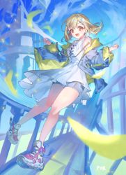 Rule 34 | 1girl, azusawa kohane, blonde hair, blue shorts, blue theme, brown eyes, collared dress, commentary, dress, english commentary, hair ornament, hairclip, highres, jacket, knees together feet apart, medium hair, official alternate costume, open clothes, open jacket, por ( por tt), project sekai, shoes, short twintails, shorts, sleeveless, sleeveless dress, smile, sneakers, solo, twintails, white dress