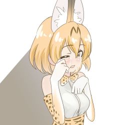 Rule 34 | 10s, 1girl, animal ears, bare shoulders, blonde hair, bow, cat ears, crying, crying with eyes open, deadnooodles, elbow gloves, gloves, greyscale, highres, kemono friends, monochrome, one eye closed, open mouth, serval (kemono friends), serval print, shirt, short hair, simple background, solo, spoilers, tears