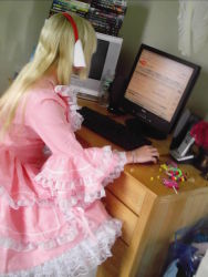 Rule 34 | blonde hair, chii, chobits, computer, cosplay, cosplay photo, keyboard (computer), long hair, mouse (computer), photo (medium), solo, youtube