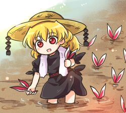 Rule 34 | 1girl, :d, animal ears, black dress, blonde hair, blush stickers, dress, hat, junko (touhou), lowres, open mouth, pote (ptkan), puffy short sleeves, puffy sleeves, red eyes, rice paddy, short sleeves, smile, solo, sun hat, touhou, towel, towel around neck, wading