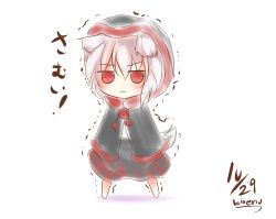 Rule 34 | 1girl, :3, animal ears, bikuseno, coat, dated, ears down, inubashiri momiji, looking at viewer, pom pom (clothes), red eyes, short hair, signature, silver hair, simple background, solo, tail, touhou, translation request, trembling, white background, wolf ears, wolf tail
