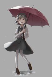 Rule 34 | 1girl, beret, black hat, black ribbon, black skirt, brown eyes, brown footwear, brown hair, chromatic aberration, collared shirt, commentary request, floating hair, full body, grey background, hair ribbon, hands up, hashina aya, hat, hatoba tsugu, highres, holding, holding umbrella, loafers, long sleeves, mole, mole under eye, neck ribbon, open mouth, pantyhose, puddle, ribbon, shirt, shirt tucked in, shoes, short hair, simple background, skirt, smile, solo, standing, standing on one leg, suspender skirt, suspenders, tsugu (vtuber), two-handed, umbrella, umbrella over shoulder, virtual youtuber, white pantyhose, white shirt