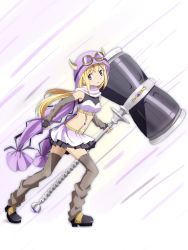 Rule 34 | 1girl, blonde hair, blush, bustier, chain, demon horns, detached sleeves, fingerless gloves, from side, gem, gloves, goggles, goggles on headwear, hammer, hat, highres, holding hammer, horns, kinfuji, leaning forward, long hair, looking at viewer, magia record: mahou shoujo madoka magica gaiden, magical girl, mahou shoujo madoka magica, midriff, miniskirt, mitsuki felicia, navel, open mouth, purple eyes, skirt, solo, svarf, thighhighs, walking, weapon