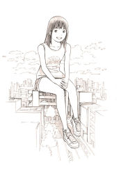 Rule 34 | 1girl, giant, giantess, monochrome, original, shoes, short hair, shorts, sketch, sneakers, solo, traditional media, yoshitomi akihito