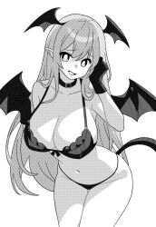 Rule 34 | 1girl, belt collar, bra, breasts, bright pupils, cleavage, collar, commentary request, cowboy shot, demon girl, demon tail, demon wings, gloves, greyscale, hair between eyes, head wings, huge breasts, koakuma, leaning forward, long bangs, long hair, looking at viewer, monochrome, navel, onkn sxkn, open mouth, panties, pointy ears, simple background, smile, solo, tail, thigh gap, touhou, underwear, underwear only, wings