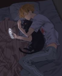 Rule 34 | 1boy, absurdres, animal, black hair, blanket, blonde hair, cat, cellphone, chamuring, crying, earrings, closed eyes, feet out of frame, grey pants, grey shirt, highres, holding, holding phone, hug, jewelry, lying, male focus, matsuno chifuyu, on side, pants, parted lips, phone, profile, shirt, short hair, short sleeves, single earring, sketch, solo, t-shirt, tokyo revengers, undercut