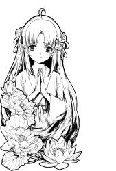Rule 34 | 1girl, absurdres, ahoge, alternate costume, artist request, check artist, closed mouth, commentary request, cropped legs, curtained hair, flower, greyscale, hair down, hair ornament, hair ribbon, highres, japanese clothes, kimono, long hair, long sleeves, looking at viewer, lotus, lupine (kag tsuki), monochrome, own hands together, palms together, praying, ribbon, second-party source, simple background, smile, solo, tsuina-chan, two side up, voiceroid, wide sleeves