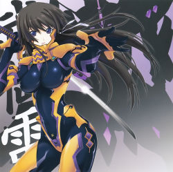 Rule 34 | 1girl, absurdres, black bodysuit, bodysuit, brown hair, contrapposto, covered navel, cowboy shot, fortified suit, hair ribbon, highres, katana, long hair, mecha, miyata sou, muv-luv, muv-luv alternative, muv-luv total eclipse, outstretched hand, pilot suit, purple eyes, ribbon, robot, silhouette, solo, standing, sword, takamura yui, weapon