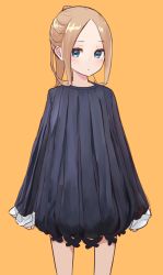 Rule 34 | 1girl, abigail williams (fate), absurdres, black dress, blonde hair, blue eyes, blush, closed mouth, commentary request, dress, fate/grand order, fate (series), forehead, highres, kopaka (karda nui), long hair, long sleeves, looking at viewer, orange background, parted bangs, ponytail, ribbed dress, simple background, sleeves past wrists, solo, standing