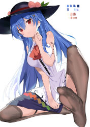 Rule 34 | 1girl, absurdres, arm tattoo, bare arms, bare shoulders, black hat, black skirt, black thighhighs, blue hair, blush, breasts, breasts squeezed together, buttons, center frills, collared shirt, color guide, covering crotch, covering privates, feet, frills, from below, fruit hat ornament, full body, hair between eyes, hair ornament, hat, hat ornament, highres, hinanawi tenshi, large breasts, legs, long hair, looking at viewer, no shoes, parted lips, peach hat ornament, rainbow order, red eyes, shirt, simple background, skindentation, skirt, sleeveless, sleeveless shirt, soles, solo, tattoo, tetsurou (fe+), thighhighs, toes, touhou, white background, white shirt, x hair ornament