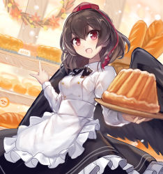 Rule 34 | 1girl, :d, alternate costume, apron, baguette, bakery, bird wings, black ribbon, black skirt, black wings, bread, brown hair, buttons, chef, collared shirt, commentary request, feathered wings, food, frilled apron, frilled skirt, frills, fuepo, hair between eyes, hat, highres, long sleeves, neck ribbon, open mouth, plate, pointing, red eyes, red hat, ribbon, shameimaru aya, shirt, shop, short hair, skirt, smile, solo, tassel, tokin hat, touhou, upper body, waist apron, white apron, white shirt, wings