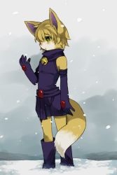 Rule 34 | 1boy, animal ears, animal nose, bare shoulders, bell, blonde hair, blush, body fur, boots, commission, day, elbow gloves, fox boy, fox ears, fox tail, full body, furry, furry male, gem, gloves, gradient background, green eyes, grey background, hand up, highres, jingle bell, knee boots, male focus, neck bell, nose blush, open mouth, original, outdoors, puddingx2, purple footwear, purple gloves, purple scarf, purple shirt, purple shorts, red gemstone, scarf, shirt, short hair, short shorts, shorts, simple background, sleeveless, sleeveless shirt, snout, snow, snowing, solo, standing, tail, two-tone fur, white fur, yellow fur