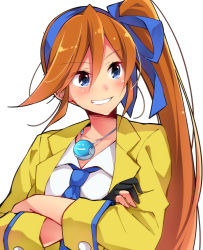 Rule 34 | 1girl, ace attorney, athena cykes, black gloves, blue bow, blue eyes, blue necktie, bow, crossed arms, gloves, hair between eyes, hair bow, jacket, jewelry, long hair, necklace, necktie, open clothes, open jacket, orange hair, partially fingerless gloves, shirt, side ponytail, sk02, smile, solo, teeth, upper body, white background, white shirt, yellow jacket
