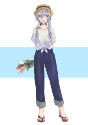 Rule 34 | 1girl, 86 -eightysix-, :d, black bow, black footwear, blouse, blue pants, bouquet, bow, brown hat, commentary, flower, full body, grey eyes, grey hair, hair between eyes, hair bow, hat, holding, holding bouquet, looking to the side, nail polish, open mouth, pants, red nails, sandals, shirt, shousuke, smile, solo, sun hat, symbol-only commentary, t-shirt, tied shirt, toenail polish, toenails, vladilena millize, white shirt