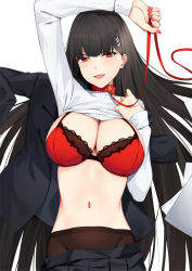 Rule 34 | 1girl, :d, arm up, black hair, black jacket, black pantyhose, black skirt, black suit, blazer, blue archive, bra, breasts, brown pantyhose, cleavage, clothes lift, clothes pull, collar, commentary request, fang, formal, groin, hair ornament, hairclip, highres, holding, holding leash, jacket, unworn jacket, lace, lace-trimmed bra, lace trim, large breasts, leash, long hair, long sleeves, looking at viewer, lying, nail polish, navel, on back, open mouth, pak ce, pantyhose, pleated skirt, red bra, red collar, red eyes, red nails, ribbed shirt, rio (blue archive), shirt, shirt lift, simple background, skirt, skirt pull, smile, solo, suit, turtleneck, underwear, very long hair, white background, white shirt