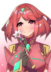 Rule 34 | breasts, chest jewel, core crystal (xenoblade), flower, highres, holding, holding flower, large breasts, osora (judithandlilith), pyra (xenoblade), red eyes, red hair, short hair, solo, xenoblade chronicles (series), xenoblade chronicles 2