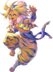 Rule 34 | 1boy, abs, animal print, barefoot, blonde hair, blue hat, dark skin, full body, fur trim, haccan, hat, jewelry, kevin (seiken densetsu 3), long hair, looking at viewer, male focus, necklace, official art, open mouth, pectorals, pom pom (clothes), seiken densetsu, seiken densetsu 3, solo, tiger print, transparent background, vest, wrist cuffs