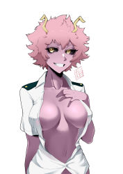 Rule 34 | 1girl, absurdres, ashido mina, black sclera, boku no hero academia, breasts, collarbone, colored sclera, colored skin, damobelmont, hand on own chest, highres, horns, large breasts, looking at viewer, navel, no bra, pink hair, pink skin, school uniform, shirt, short hair, short sleeves, smile, solo, u.a. school uniform, unbuttoned, white background, white shirt, yellow eyes