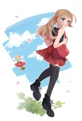 Rule 34 | 1girl, bag, bare arms, black footwear, black shirt, black thighhighs, blue eyes, blush, brown hair, commentary request, creatures (company), eyelashes, flabebe, flabebe (red flower), full body, game freak, gen 6 pokemon, handbag, highres, long hair, looking back, misha (ohds101), nintendo, petals, pleated skirt, pokemon, pokemon (creature), pokemon xy, red skirt, serena (pokemon), shirt, shoes, skirt, sleeveless, sleeveless shirt, thighhighs