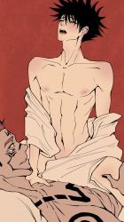 Rule 34 | 2boys, abs, anal, black hair, black nails, boy on top, chest tattoo, collarbone, cowgirl position, extra eyes, eyelashes, facial tattoo, fushiguro megumi, highres, jujutsu kaisen, makababazi, male penetrated, moaning, multiple boys, muscular, muscular male, nail polish, navel, nipples, open mouth, personification, pink hair, red eyes, ryoumen sukuna (jujutsu kaisen), sex, shirt, short hair, shoulder tattoo, smile, spiked hair, spread legs, straddling, tattoo, white shirt, yaoi