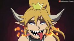 Rule 34 | 1girl, animated, animated gif, bare shoulders, blonde hair, blue eyes, bowsette, breath weapon, breathing fire, collar, fire, hinca-p, horns, mario (series), monster girl, nintendo, bad tag, pointy ears, sharp teeth, spiked collar, spikes, tagme, teeth, tongue, tongue out