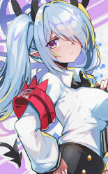 Rule 34 | 1girl, armband, black necktie, blue archive, blush, buttons, closed mouth, demon tail, double-breasted, grey hair, hair intakes, hair over one eye, halo, hand on own chest, hand on own hip, highres, iori (blue archive), long bangs, long hair, long sleeves, looking at viewer, necktie, omochishiki, parted bangs, pointy ears, purple eyes, red armband, shirt, shirt tucked in, sidelocks, solo, tail, twintails, white shirt
