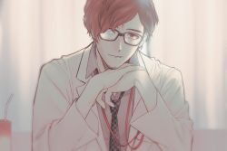 Rule 34 | 1boy, checkered necktie, coat, commentary request, curtains, facial hair, glasses, juice box, lab coat, long sleeves, looking at viewer, male focus, maruki takuto, necktie, parted lips, persona, persona 5, persona 5 the royal, shirt, solo, sonomi, stubble, upper body