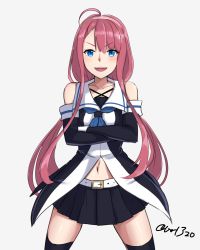 Rule 34 | 10s, 1girl, :d, ahoge, asymmetrical bangs, bare shoulders, belt buckle, black skirt, black thighhighs, blue eyes, blush, buckle, crossed arms, elbow gloves, gloves, hairband, hayabusa, kantai collection, kawakaze (kancolle), long hair, looking at viewer, low twintails, navel, open mouth, pleated skirt, red hair, school uniform, serafuku, sidelocks, signature, simple background, skirt, smile, solo, teeth, thighhighs, twintails, very long hair, white background