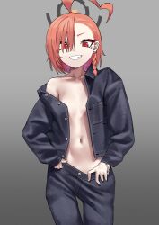 Rule 34 | 1girl, ahoge, asymmetrical bangs, black jacket, black pants, blue archive, braid, clothes pull, collarbone, flat chest, grey background, hair over one eye, halo, highres, huge ahoge, jacket, looking at viewer, mole, mole under eye, navel, neru (blue archive), no bra, no panties, off shoulder, open mouth, orange hair, pants, pants pull, pulled by self, red eyes, single braid, smile, solo, yinmizuhare