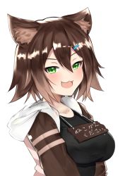 Rule 34 | 1girl, :3, :d, animal ear fluff, animal ears, blush, breasts, brown hair, cat ears, commentary request, fang, fish hair ornament, fumino tamaki, green eyes, hair between eyes, hair ornament, half-closed eyes, hood, hood down, hoodie, large breasts, looking at viewer, nemun (tamizzz), nijisanji, open mouth, short hair, simple background, smile, solo, translation request, upper body, virtual youtuber, white background