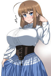 Rule 34 | 1girl, ahoge, blue eyes, blush, breasts, brown hair, buttons, closed mouth, clothes pull, corset, dress, dress pull, earrings, holding, holding hair, huge breasts, jewelry, komusou (jinrikisha), long hair, long sleeves, looking at viewer, ooba minori, original, shirt, simple background, smile, solo, standing, underbust, white background, white shirt