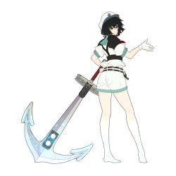 Rule 34 | 1girl, absurdres, adapted costume, anchor, armor, ascot, barefoot, belt, black eyes, black hair, caustics, commentary request, female focus, from behind, full body, gloves, greatsword, hat, highres, legs, light reflection (water), looking at viewer, murasa minamitsu, open belt, outline, sailor collar, sailor hat, shirt, short hair, short sleeves, shorts, shoulder armor, simple background, smile, solo, pauldrons, sword, thighs, tk31, touhou, weapon, white background, white gloves, white shirt, white shorts