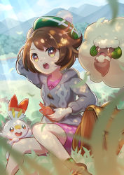 Rule 34 | 1girl, absurdres, backpack, bag, blurry, bob cut, boots, brown bag, brown eyes, brown footwear, brown hair, buttons, cable knit, cardigan, cloud, collared dress, commentary request, creatures (company), day, dress, eyelashes, falling leaves, game freak, gen 4 pokemon, gen 5 pokemon, gen 8 pokemon, gloria (pokemon), grass, green headwear, green legwear, grey cardigan, hat, highres, holding, holding phone, hooded cardigan, kanon (ta sakurairo), leaf, light rays, nintendo, open mouth, outdoors, phone, pink dress, plaid, plaid legwear, pokemon, pokemon (creature), pokemon swsh, rotom, rotom phone, scorbunny, short hair, sitting, sky, socks, tam o&#039; shanter, teeth, tongue, unworn bag, upper teeth only, whimsicott