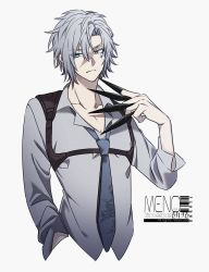 Rule 34 | 1boy, artist name, bad id, bad twitter id, blue eyes, blue necktie, closed mouth, collarbone, eyes visible through hair, facial mark, gradient background, grey hair, hair between eyes, hand in pocket, highres, holding, holding weapon, lauliu, male focus, necktie, original, pectorals, scar, scar on face, solo, weapon