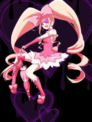 Rule 34 | 10s, 1girl, big hair, blonde hair, boots, bow, closed umbrella, dress, drill hair, earrings, eyepatch, frills, hair bow, harime nui, ice (aitsugai), jewelry, kill la kill, long hair, pink bow, pink dress, pink footwear, planted, planted umbrella, smile, solo, twin drills, twintails, umbrella, wrist cuffs