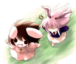 Rule 34 | 2girls, :&lt;, :3, :d, anger vein, angry, animal ears, rabbit ears, chasing, dress, female focus, highres, inaba tewi, multiple girls, open mouth, reisen udongein inaba, running, smile, touhou, yume shokunin