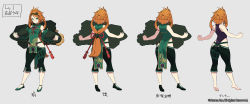 Rule 34 | 1girl, ainezu, bare arms, bare shoulders, barefoot, breasts, closed mouth, covered navel, green eyes, green footwear, green pants, grey background, hairband, highres, looking at viewer, medium breasts, multiple views, official art, orange hair, pants, shield, shoes, simple background, smile, translation request, valkyrie connect