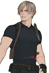Rule 34 | 1boy, artist name, black gloves, black shirt, blonde hair, clenched teeth, fingerless gloves, gloves, grey eyes, leon s. kennedy, looking to the side, male focus, muscular, muscular male, parted bangs, resident evil, resident evil 4, sardine (kjr0313), shirt, short hair, short sleeves, signature, solo, t-shirt, tactical clothes, teeth, tight clothes, tight shirt, upper body, white background