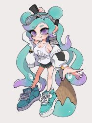 Rule 34 | 1girl, aqua footwear, aqua hair, aqua trim, black shorts, breasts, cleavage, closed mouth, colored tips, commentary request, cross-laced footwear, dolphin shorts, fang, fang out, full body, goggles, goggles on head, hazime no1, highres, holding, holding weapon, inkbrush (splatoon), long hair, looking at viewer, medium breasts, multicolored hair, nintendo, octoling, octoling girl, octoling player character, print shirt, purple eyes, purple hair, shirt, shoes, shorts, simple background, sleeveless, sleeveless shirt, smile, solo, splatoon (series), splatoon 3, standing, tentacle hair, twintails, two-tone hair, very long hair, weapon, white background, white shirt